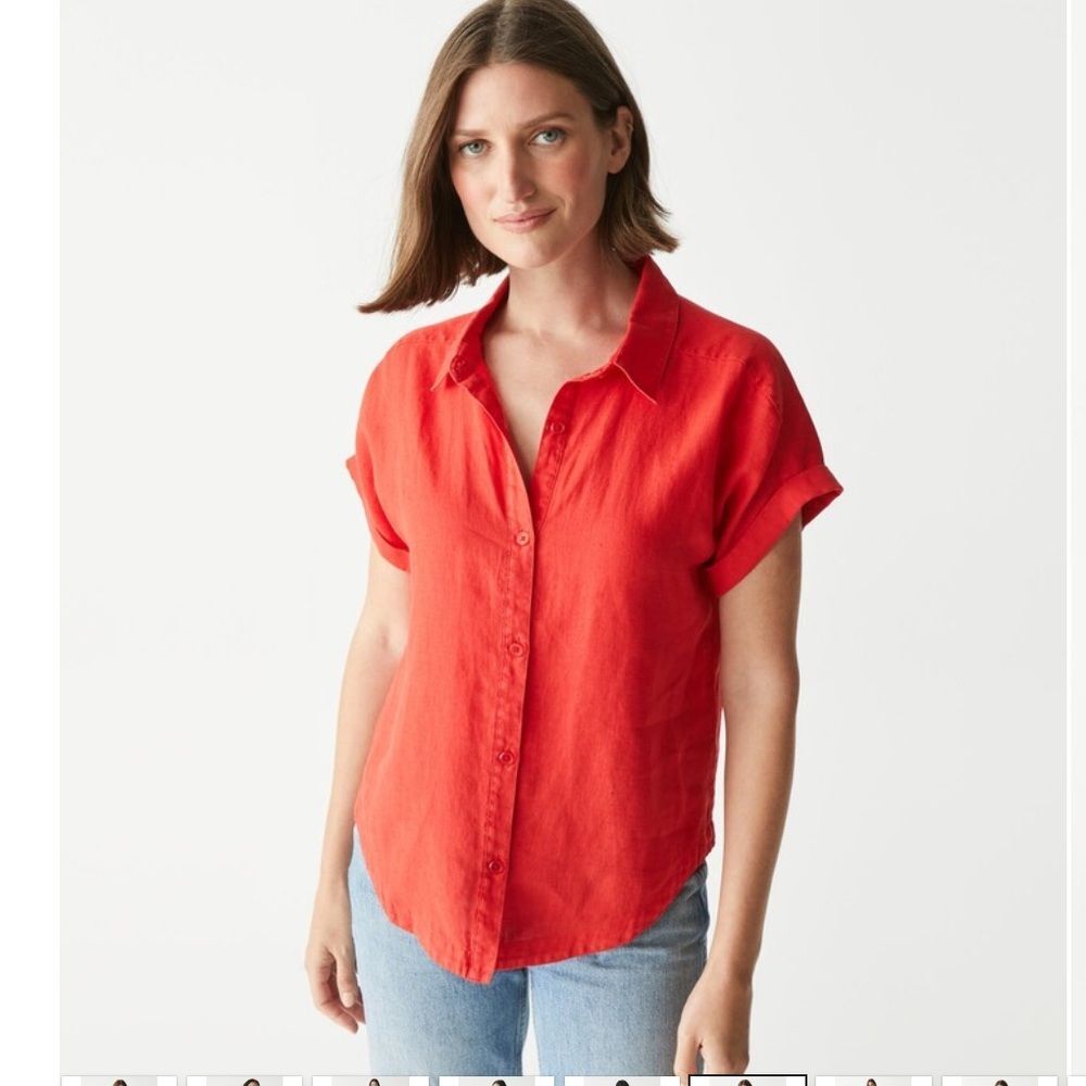Michael Stars Linen Charlie Button Down Short Sleeve Shirt Cherry Red Med